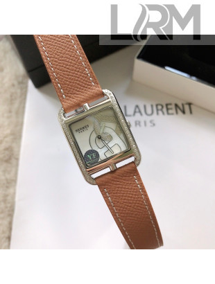 Hermes Cape Cod Grained Leather Crystal Square Watch 29cm Brown 2021
