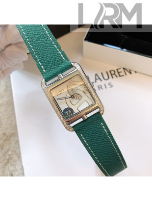 Hermes Cape Cod Grained Leather Crystal Square Watch 29cm Dark Green 2021