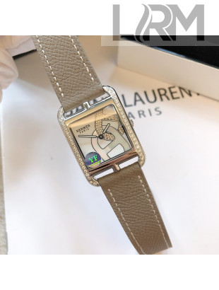 Hermes Cape Cod Grained Leather Crystal Square Watch 29cm Grey 2021